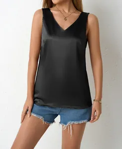Elegant black satin V-neck tank top for women featuring smooth glossy texture and chic style