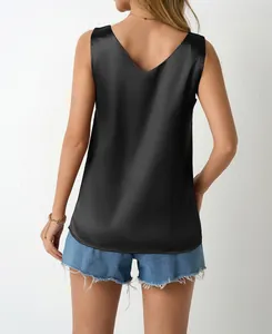 Back view of black satin V-neck tank top for women, sleeveless casual silk-like camisole.