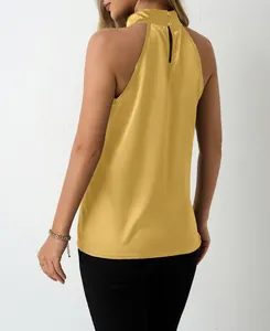 Detailed back view of elegant mustard yellow satin halter neck sleeveless top for women