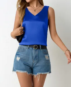 Elegant royal blue V-neck satin tank top for women, perfect for summer casual wear.