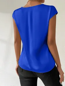 Back view of vibrant blue satin short sleeve blouse showing smooth fabric texture