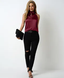 Elegant burgundy satin sleeveless top with high neck tie detail for women, casual summer style