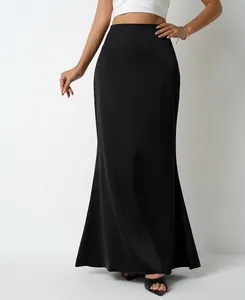 Elegant black satin maxi skirt for women with a sleek high-waisted design.