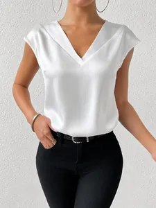 Women V Neck Satin Shirt Short Sleeve Casual Blouse Polyester Silky Party Top Elegant Solid Color Commuter Summer Clothing
