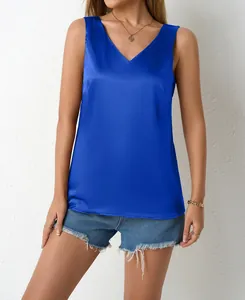 Elegant deep blue satin V-neck sleeveless tank top for women's stylish summer casual wear