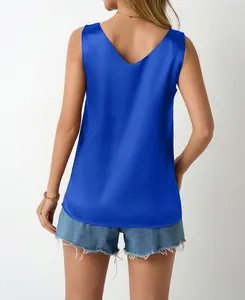 Detailed back view of a vibrant royal blue satin V-neck tank top worn by a model