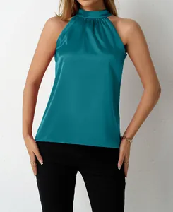Elegant teal blue satin halter neck sleeveless top featuring a pleated collar design