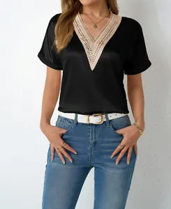 Close-up of black satin V-neck T-shirt with intricate lace trim detail for women