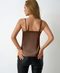 Back view detail of brown satin camisole with adjustable spaghetti straps