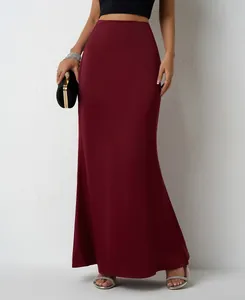Elegant burgundy satin maxi skirt featuring a high waist and smooth flowing fabric texture