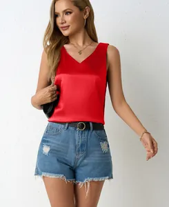 Elegant red satin V-neck sleeveless tank top for women, chic summer style fashion blouse