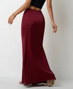 Back view of elegant wine red satin maxi skirt with smooth texture and floor-length drape