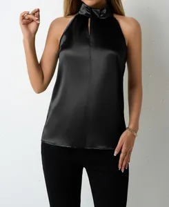 Elegant black satin halter neck sleeveless top with keyhole detail and glossy finish