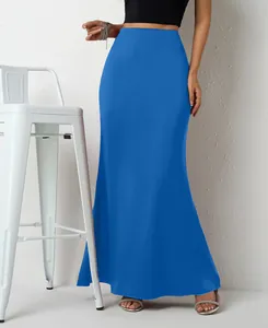 Elegant high-waisted royal blue satin maxi skirt with smooth glossy fabric texture