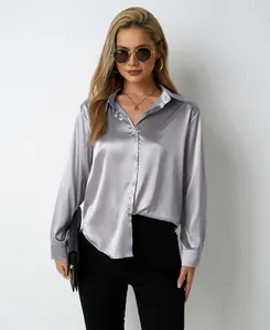Silver satin long sleeve shirt for women with V-neck and loose fit style