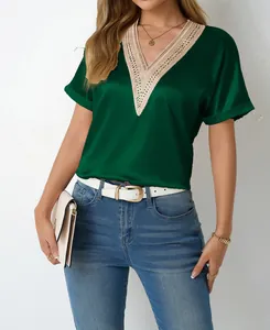 Chic women's V-neck satin top with elegant beige lace trim and loose fit style