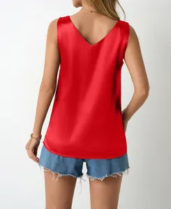 Back view of elegant glossy red satin V-neck sleeveless tank top for summer wear
