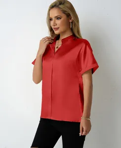 Elegante camicetta in raso rosso da donna a maniche corte con collo alla coreana