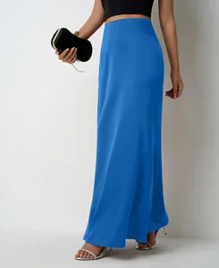 Side view of elegant blue satin maxi skirt showing smooth texture and drape