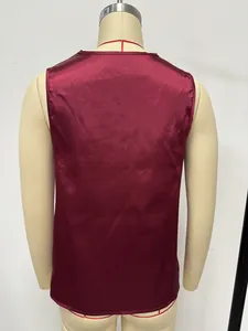Detailed back view of an elegant burgundy sleeveless satin blouse with smooth silky finish
