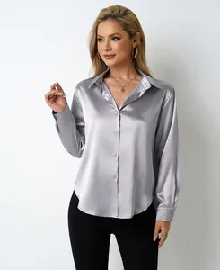 Elegant silver long-sleeved satin blouse featuring a classic collar and button-down front