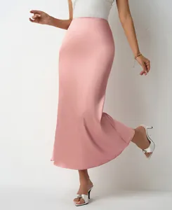 Elegant pink satin midi skirt featuring a slim fit fishtail silhouette for women.
