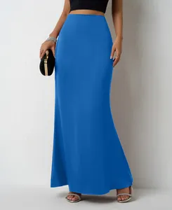 Detail view of a bright blue satin maxi skirt with a smooth and elegant texture