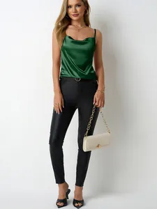 Elegant dark green satin cowl neck camisole sleeveless tank top for women summer fashion