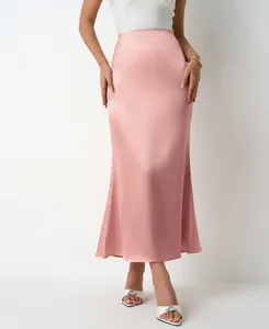 Elegant pink satin midi skirt featuring a slim mermaid silhouette and high waist detail