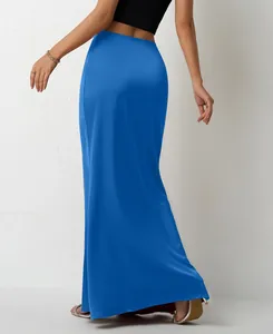 Back view of a vibrant blue satin maxi skirt showing the smooth fabric and drape
