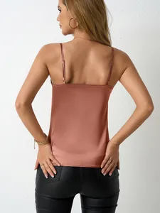 Elegant rose gold satin camisole tank top with thin adjustable straps, back view
