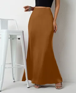 Elegant brown satin maxi skirt with a smooth silky finish for a sophisticated look