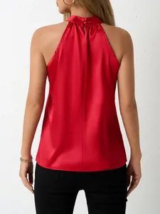 Red satin halter neck tank top for women, sleeveless off-shoulder summer blouse