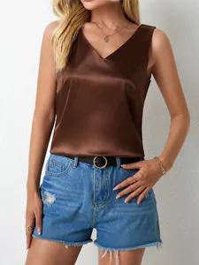Women V Neck Satin Tank Top Sleeveless Cami Vest Casual Loose Commute Shirt Summer Fashion Solid Color Clothing Top