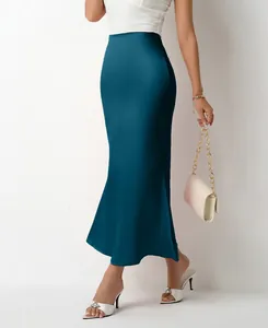Elegant teal satin midi skirt with a slim fit and mermaid silhouette flare detail