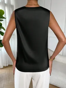 Back view of a minimalist black satin sleeveless top for women with a silk-like texture.