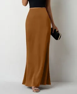 Elegant caramel brown satin maxi skirt with a high waist and smooth drape for women