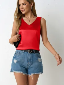 Elegant red satin V-neck tank top for women, sleeveless casual summer blouse stylish top