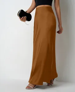 Elegant copper satin maxi skirt for women with a high waist and smooth silk finish
