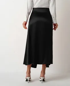 Back view of a high-waisted black satin midi skirt showing its glossy texture