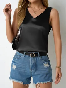 Elegant black satin V-neck sleeveless tank top for women, casual summer style