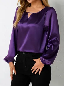 Elegante Damen Satin Langarm Bluse Mit Falten Und Schlüssellochausschnitt Einfarbiges Hemd Für Büro Und Alltag