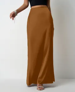 Elegant brown satin maxi skirt for women with a smooth silky finish and high waist