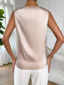 Back view of an elegant champagne satin sleeveless shirt showing smooth fabric texture