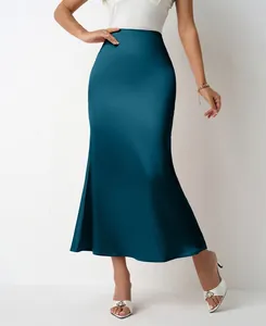 Elegant teal satin midi mermaid skirt for women with a sleek hip-hugging silhouette