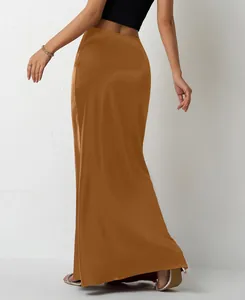 Back view of an elegant brown satin maxi skirt showcasing its smooth silk-like sheen.