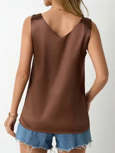 Elegant brown satin V-neck sleeveless tank top for women shown in a high-quality back view