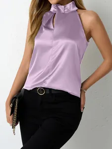 Elegant lavender satin halter neck top with glossy finish for a stylish summer outfit.