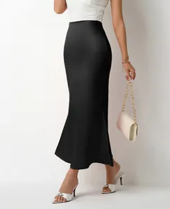 Elegant high-waisted black satin mermaid midi skirt showing glossy fabric and slim fit design