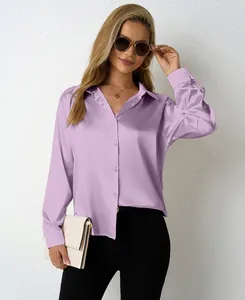 Elegant lavender satin long-sleeved shirt for women with a V-neck button-down detail